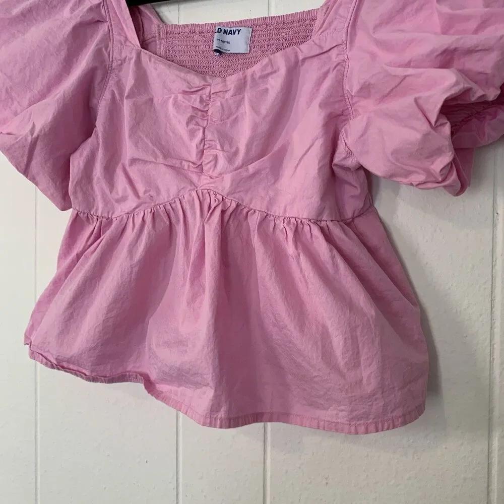 Old Navy Womens‎ Medium P Shirt Crop Coquette Milkmaid Puff Sleeve Smocked Pink